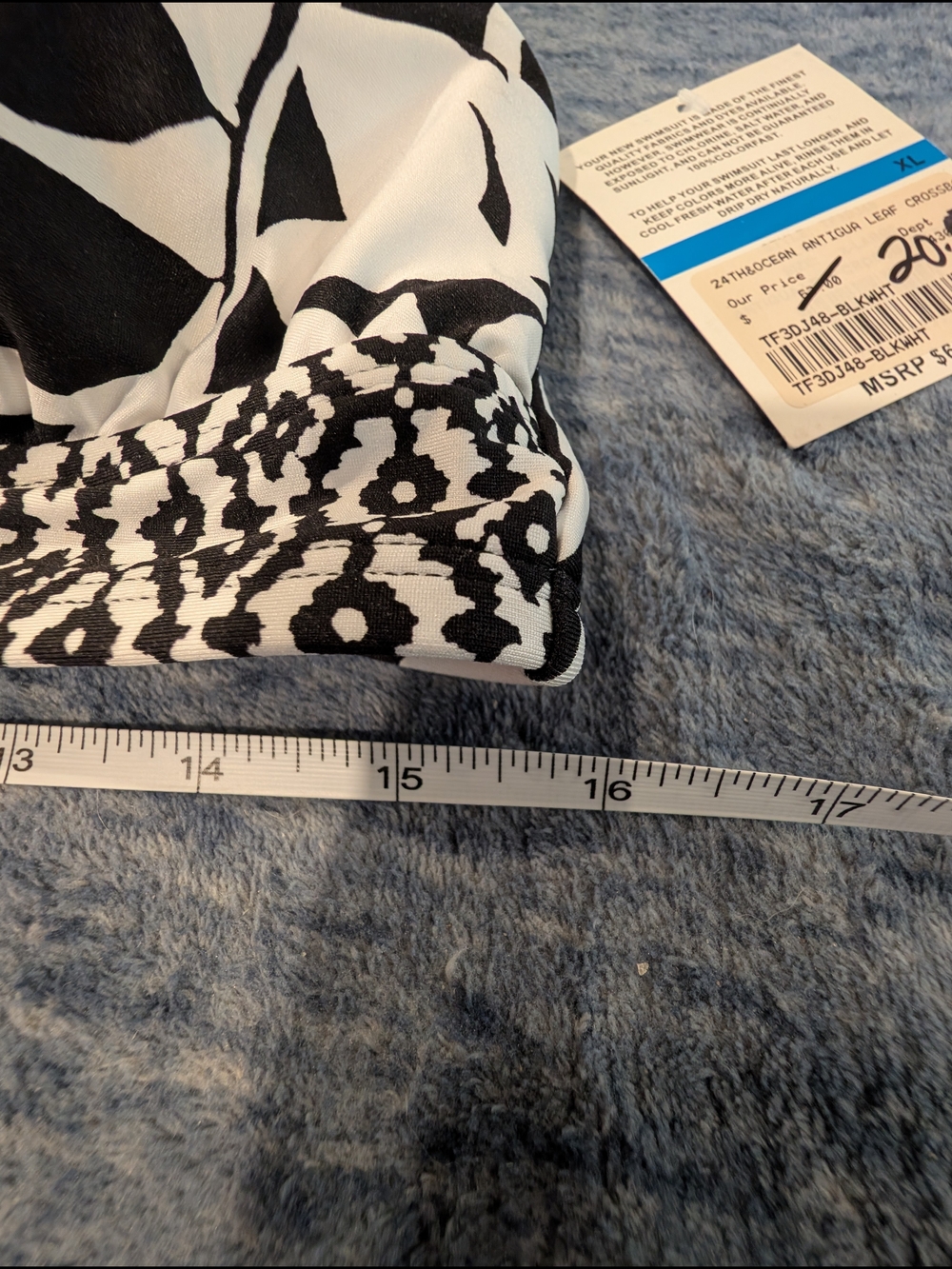 NWT 24th & Ocean XL Black and White Leaf-Print Crossback Bikini Top - Picture 4 of 5
